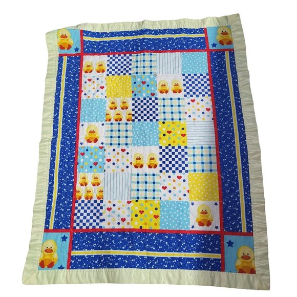 VTG Homemade Satin Edge Baby Blanket Nursery Ducks Hearts Country Yellow - Picture 2 of 6